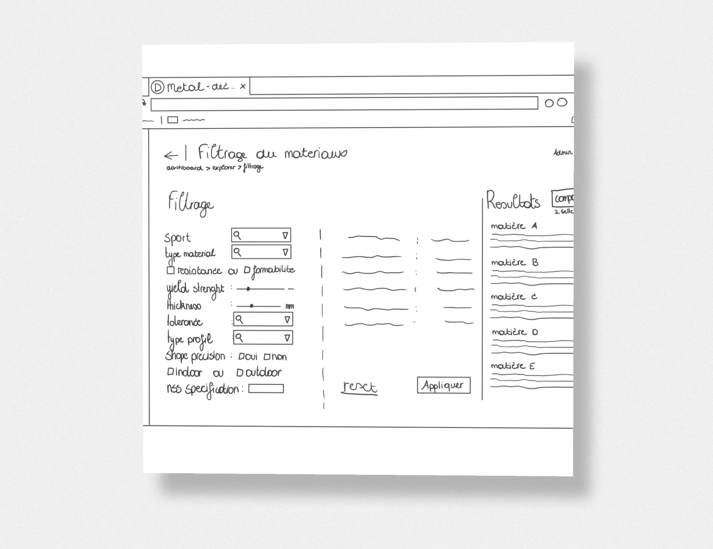Hand-drawn wireframe sketch of the material filtering screen — early design stage