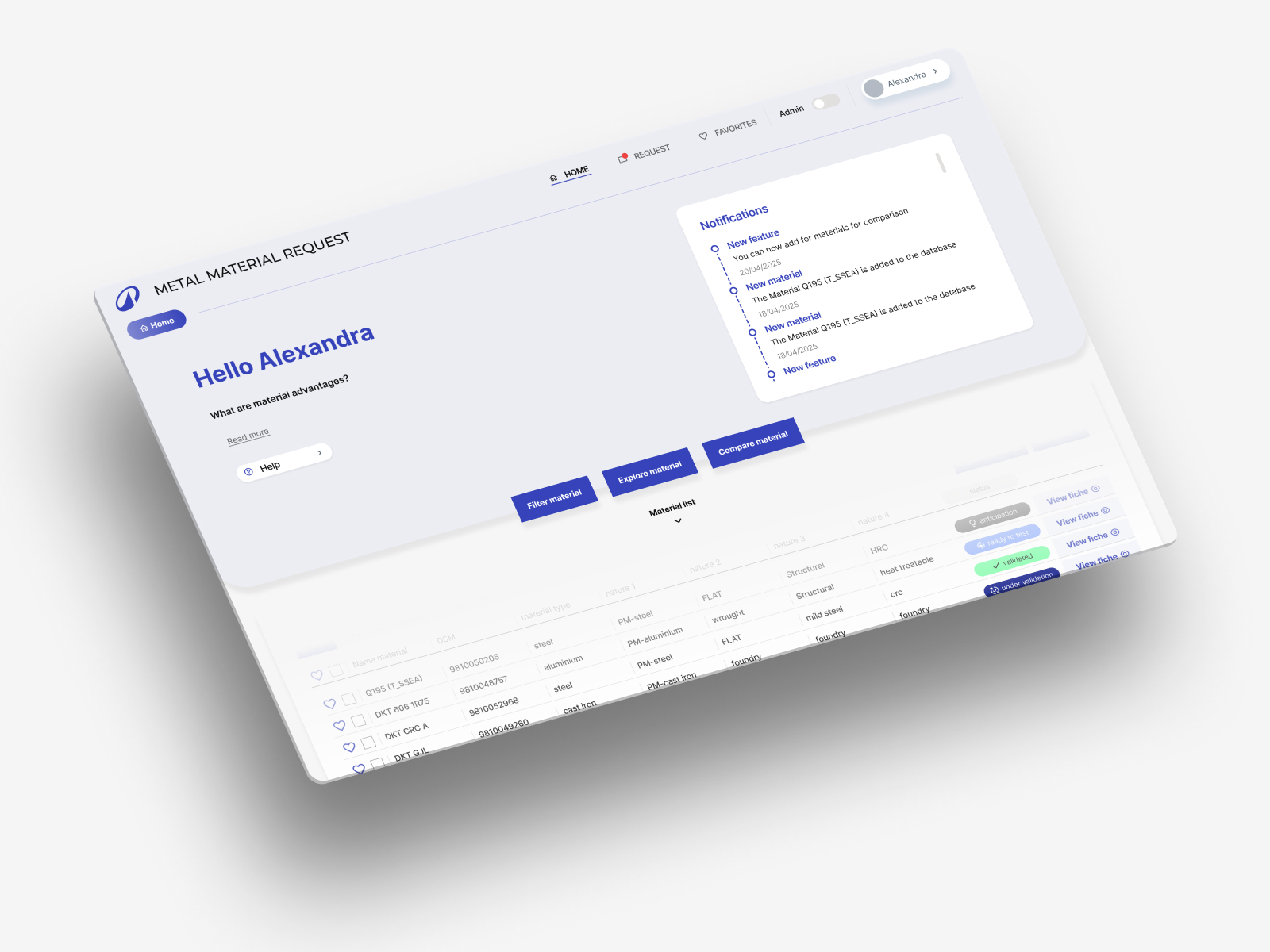 Decathlon Metal — full dashboard overview showing material list, navigation and notification panel