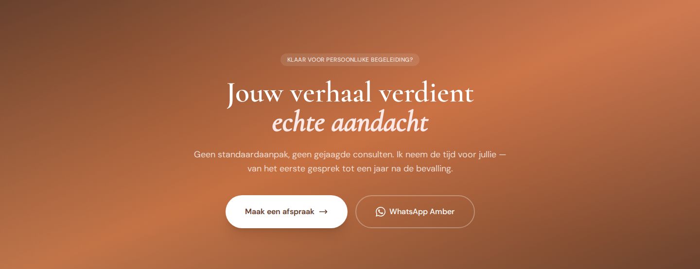 A warm brown and coral band with the text Jouw verhaal verdient echte aandacht and an invitation to make an appointment.