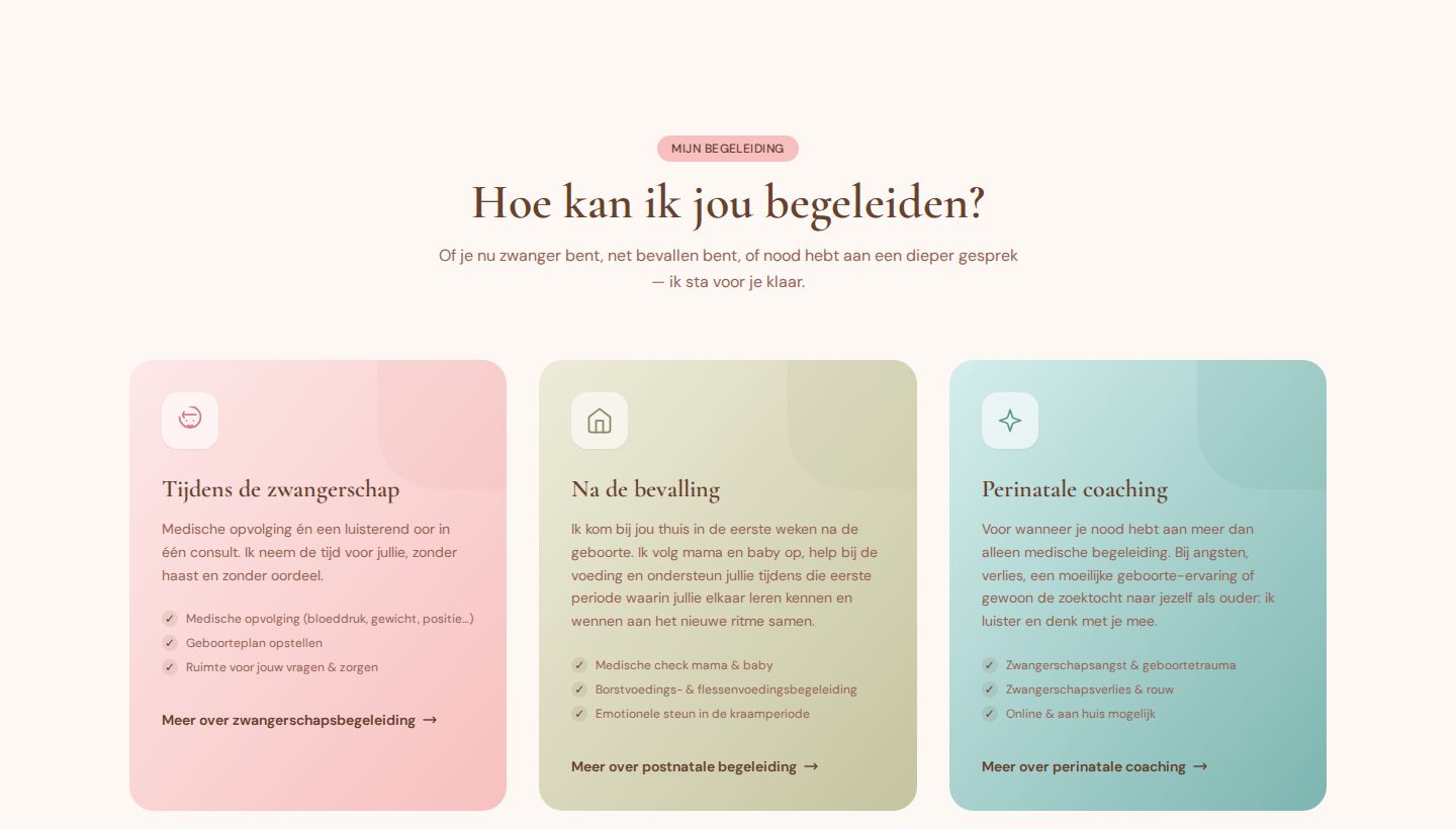 The section Hoe kan ik jou begeleiden: three cards in soft pink, sage and mint for pregnancy, after the birth and perinatal coaching, each with an icon, a short text, three points and a link.
