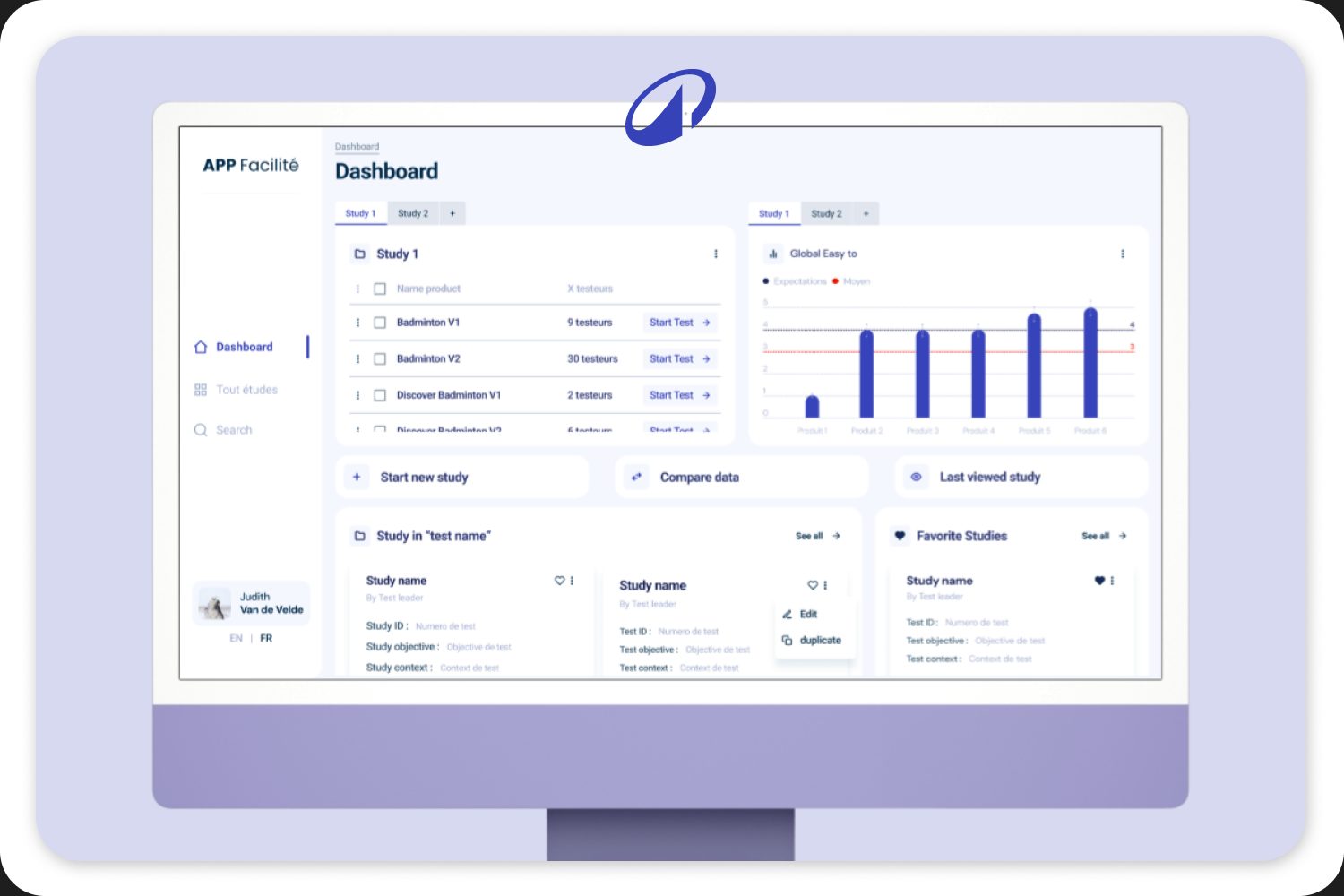 The dashboard of Application Facilité on a desktop screen: a study with a list of products and their number of testers, a bar chart of a global ease-of-use score per product, and shortcuts to start a new study, compare data and open the last viewed study.