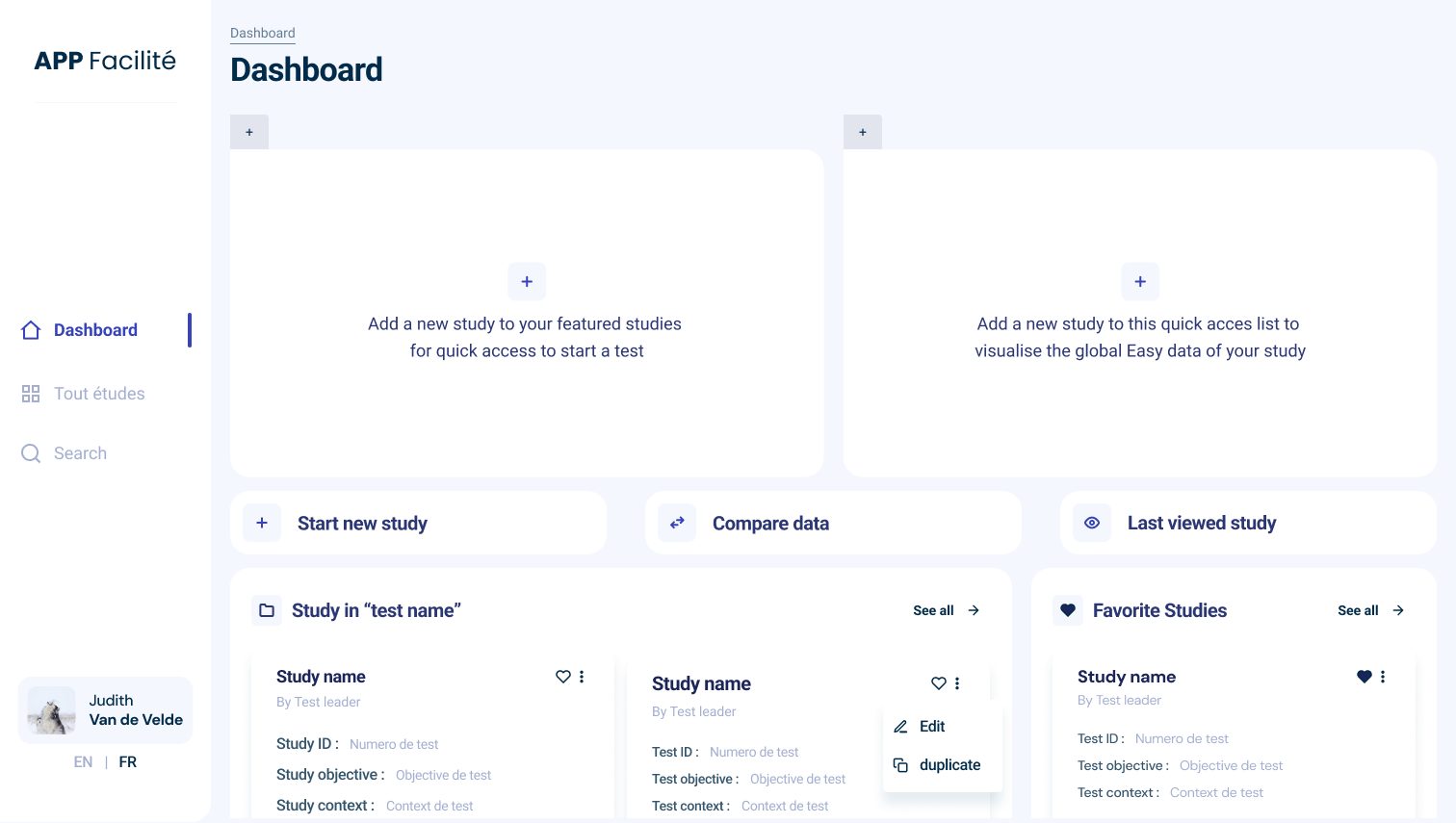 The dashboard when it is still empty: two large areas that explain what to add, with a plus button, and below them shortcuts to start a new study, compare data and open the last viewed study, plus lists of studies and favourite studies.