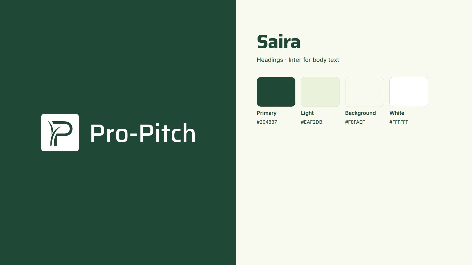 The Pro-Pitch logo in white on dark green: a P made of grass blades in a square, next to the word Pro-Pitch. Beside it the brand basics: Saira for headings, Inter for body text, and the colours #204837, #EAF2DB, #F8FAEF and white.