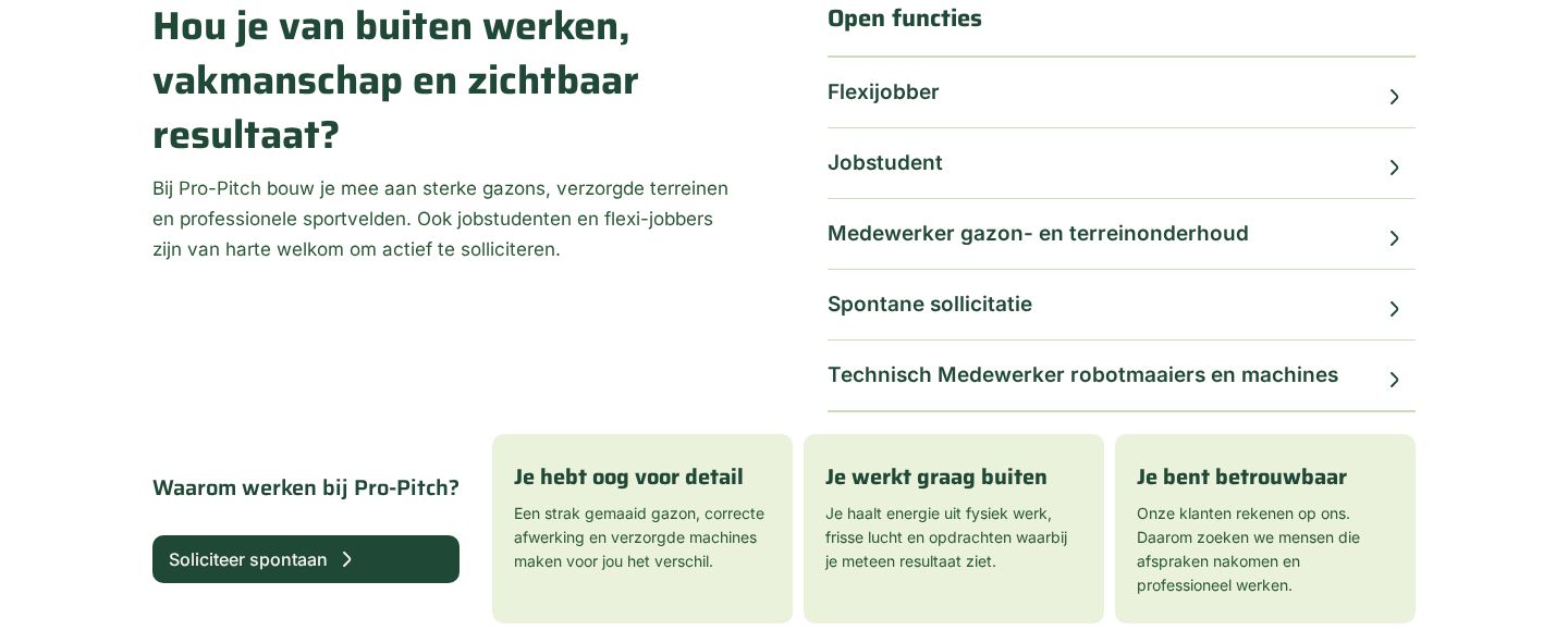 The careers section: the question Hou je van buiten werken, vakmanschap en zichtbaar resultaat, a list of five open jobs that open one by one, and three cards on what makes a good colleague.