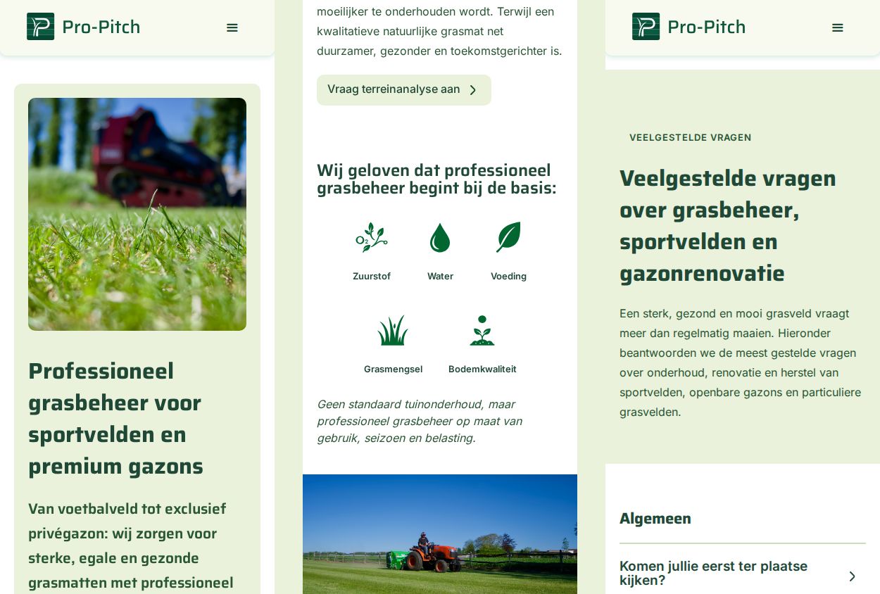 Three phone screens: the homepage with a grass photo and the headline, the five basics of grass care as icons, and the FAQ page.
