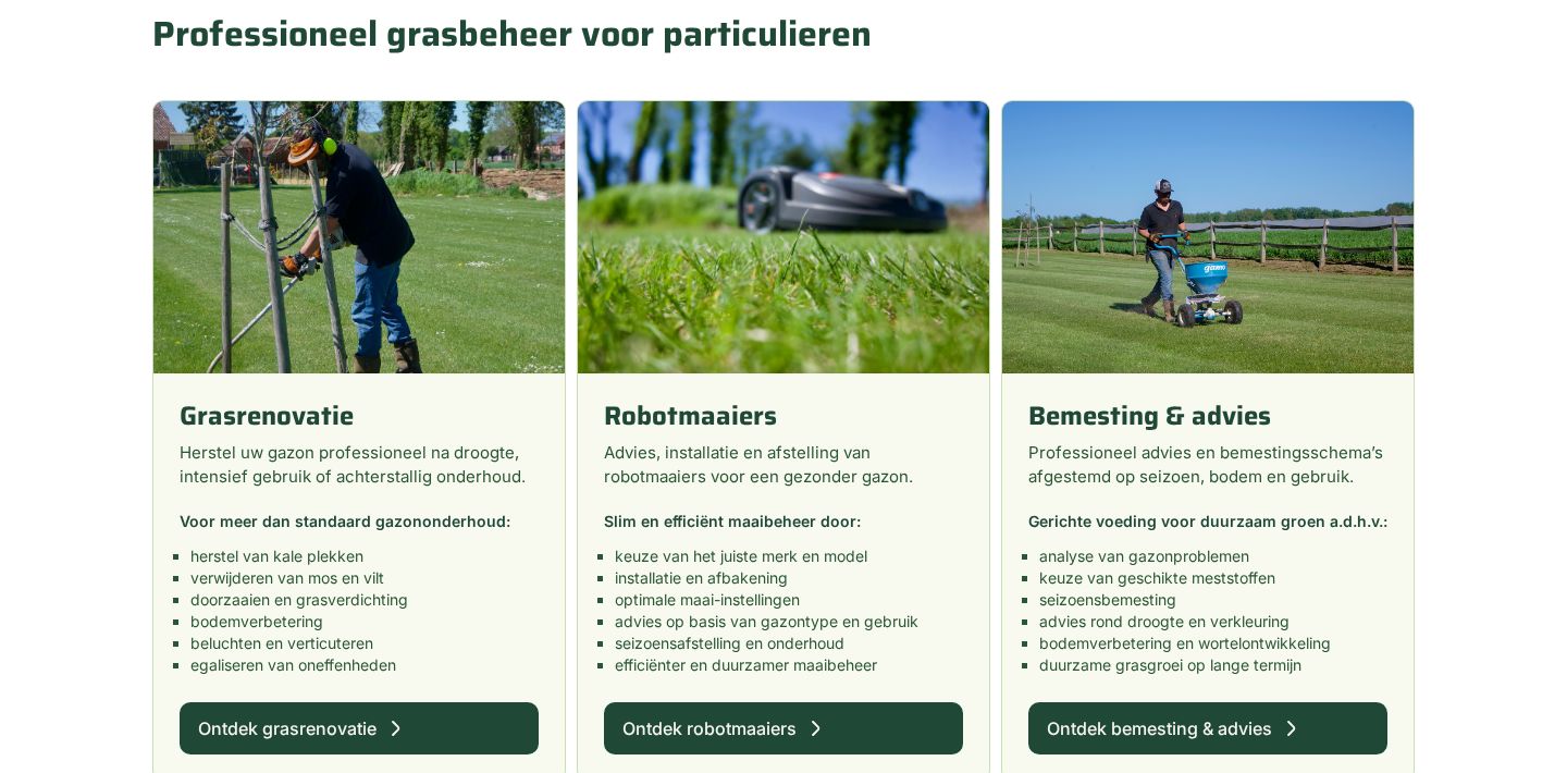 Three service cards for private owners: lawn renovation, robot mowers, and fertilising and advice, each with a photo, a short text, a list and a button.